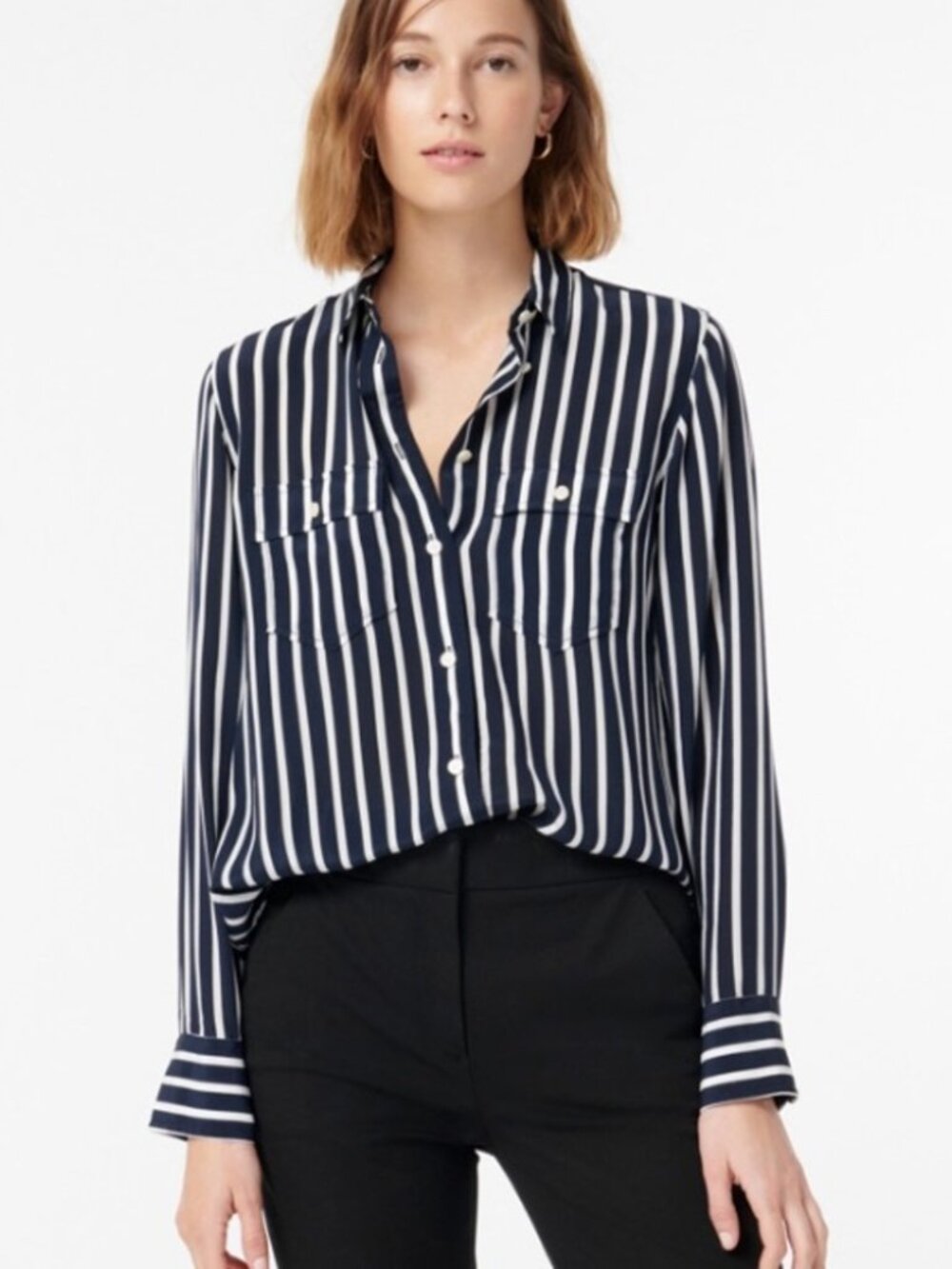 J. Crew 100% Silk Shirt in Stripe Navy Classic Fit Size 6 $168 Classic Preppy